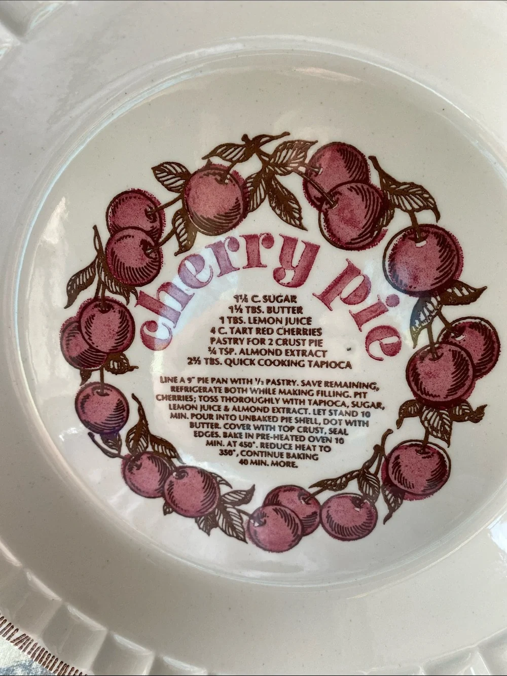 Vintage Cherry Pie Recipe Ceramic Stoneware Pie Plate Dish Made in USA